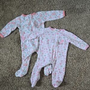 Swiggles Set Of Two Pink and White Footies Soft One Pieces 3 To 6 Months